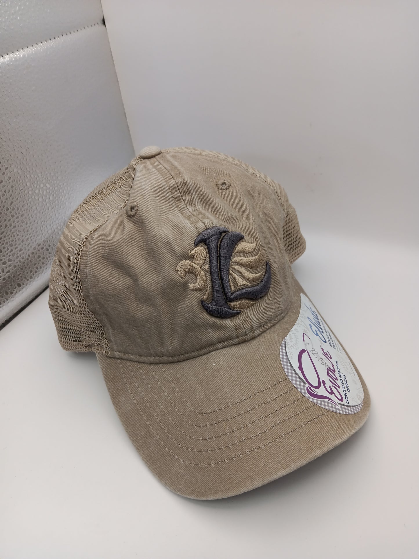 Evolve + Elude Women's Adjustable Distressed Trucker - Iron Lion Lionhead - Tan - Tan, Navy IL