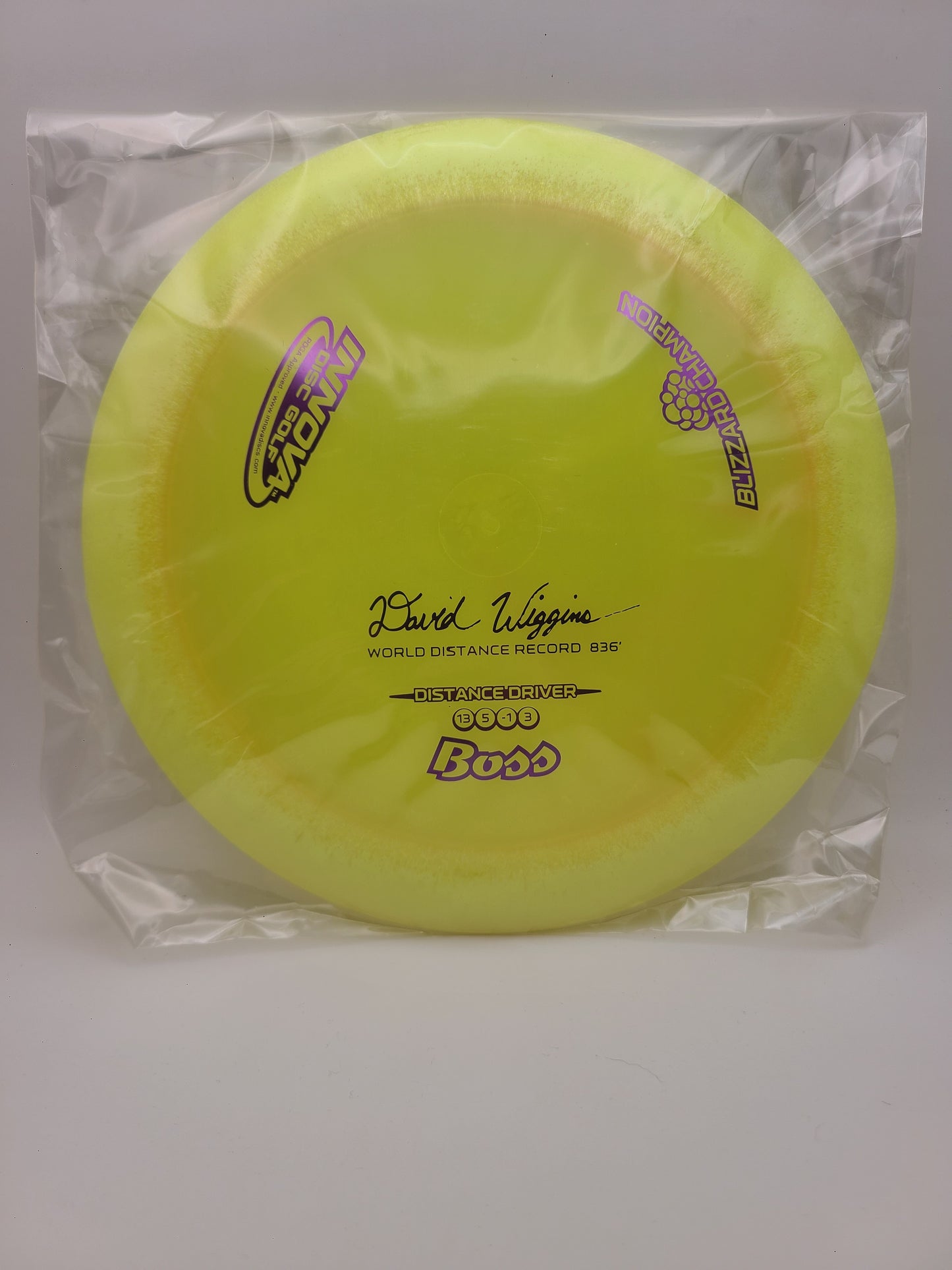 Innova Blizzard Champion Boss - World Distance Record 836' David Wiggins - Penned/ Pre Imprint  13/5/-1/3